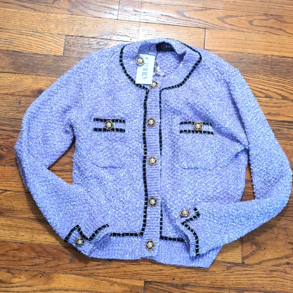 Cider NWT NEW Purple Soft Boucle Sweater Cardigan with Trimming XS